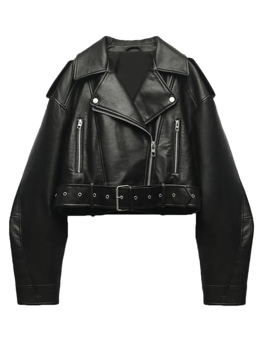 RAYA |  Cropped Faux Leather Biker Jacket