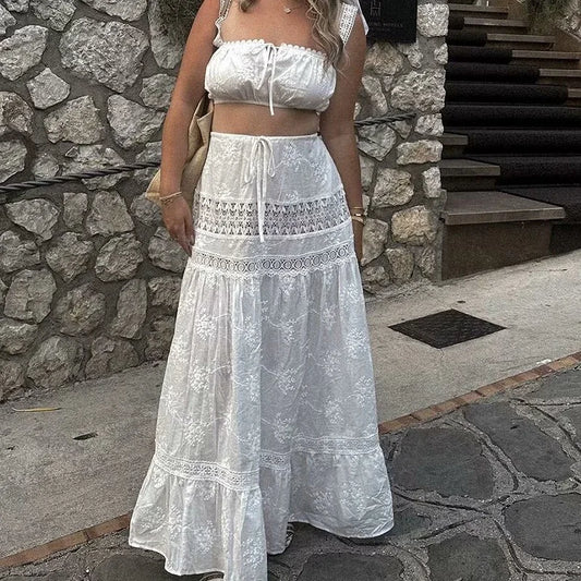 STASSI | | 3-Piece Boho Lace-Up Crop & Skirt Set
