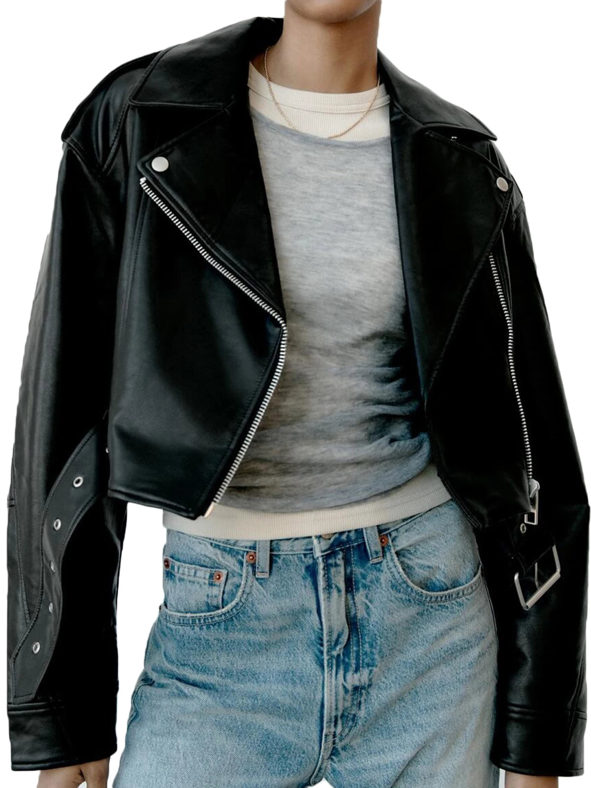 RAYA |  Cropped Faux Leather Biker Jacket